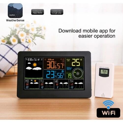 FJW4Smart Weather Monitor Color WiFi Weather Station APP Control Indoor Outdoor Temperature Humidity Digital Clock Functions
