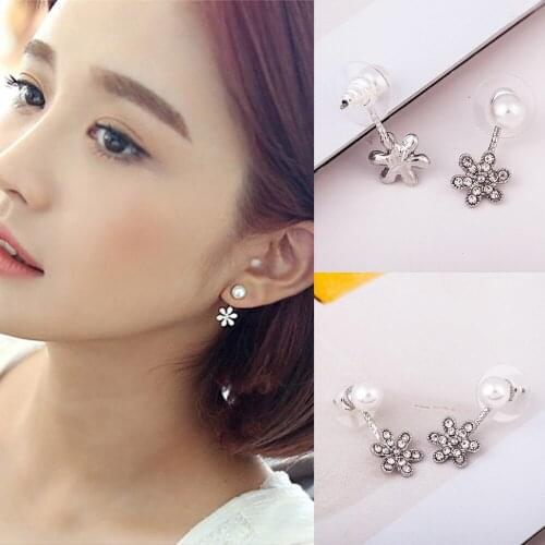 Double Side Pearl Earrings Crystal Flowers Stud Earring Silver Zircon Snowflake Charm Rhinestone Jewelry Women Pendientes