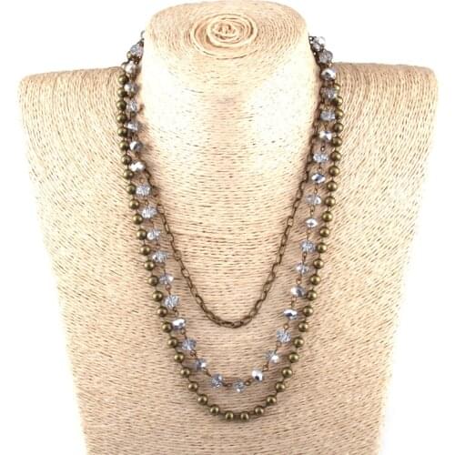Fashion Bohemian Tribal Jewelry 3 Layer Multiple Glass Crystal Rosary Link & Copper ball Chain Necklace