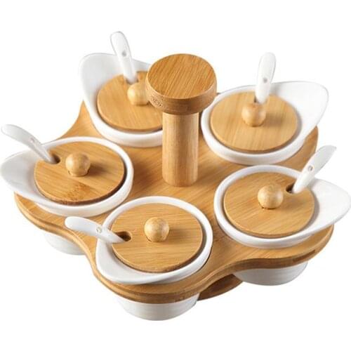 Ceramic Rotating Spice Jar Set Wood Cover Seasoning Box Salt Storage Box With Rack Kitchenware Accessories