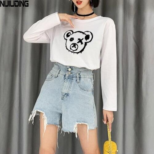 NIJIUIDNG 2020 Autumn New White Pure Cotton Loose T-Shirts Women Casual Cartoon Long Sleeve O-Neck Spandex Tops Ladies