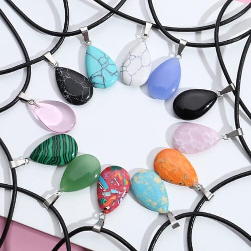 New Design Genuine Leather Cord Necklace Oval Shaped Natural Quartz Crystal Stone Choker Neckalces For Unisex Lucky Jewelry Gift
