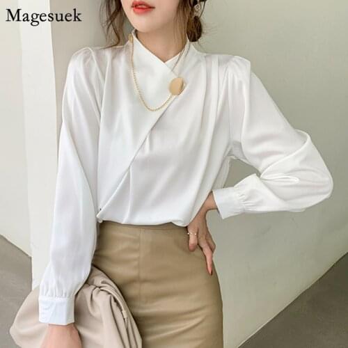 Office Lady Stand Collar Women Shirt White 2021 Spring Solid Elegant Chiffon Blouse Femme Puff Sleeve Women Tops Clothing 13105