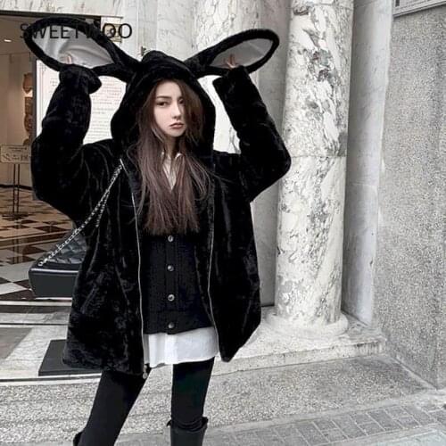 Autumn Winter Gothic Harajuku Couple Hoodies Cute Rabbit Ears Black Hooded Outwear Women Sweet Korean Loose Warm Plush Coats