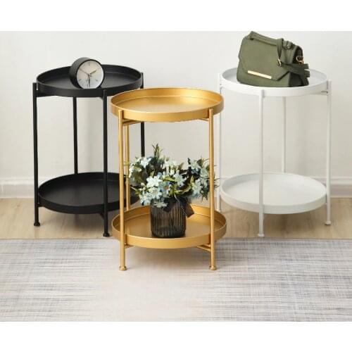 Bedside coffee table for living room furniture Folding End Table Small Iron Metal Double Sofa Side Table with Round Tray Storage