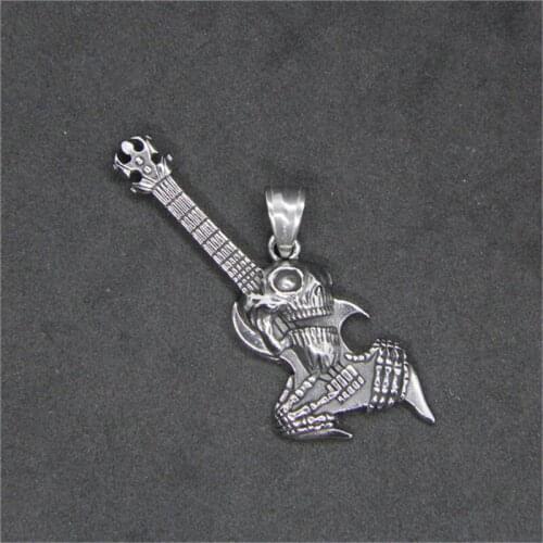 Rany&Roy Newest Skull Play the Guitar Pendant 316L Stainless Steel Biker Fashion Guitar Pendant