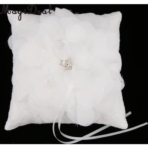Romantic Flower Wedding Ring Pillow Satin Rhinestone Ring Cushion Ring Bearer Ring Display White