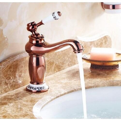 Rose Gold Copper Brass Ceramic Base Deck Mounted Single Ceramic Handle Bathroom Vessel Basin Sink Faucet Mixer Water Taps mnf502