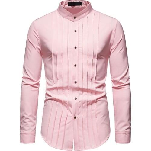 PARKLEES Long Sleeve Pleated Tuxedo Shirts for Men Elegant Henry Collar Slim Fit Solid Mens Dress Shirt Wedding Groom Party