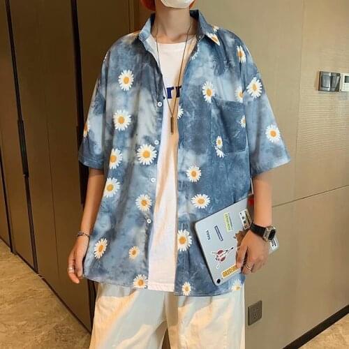 Summer Style Tie Dye Half Sleeve Male Korean Trend Casual Loose Male Little Daisy Printing Short Sleeve Shirt Large size 3XL