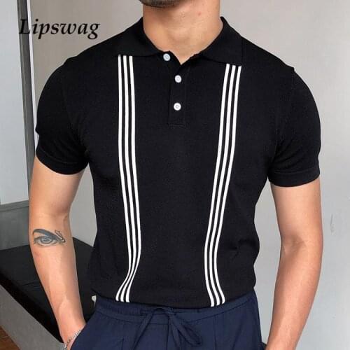 Summer Mens Casual Short Sleeve Slim Polo Shirts 2021 New Fashion Striped Printed Buttoned Tops Men Turn-down Collar Polo Shirt