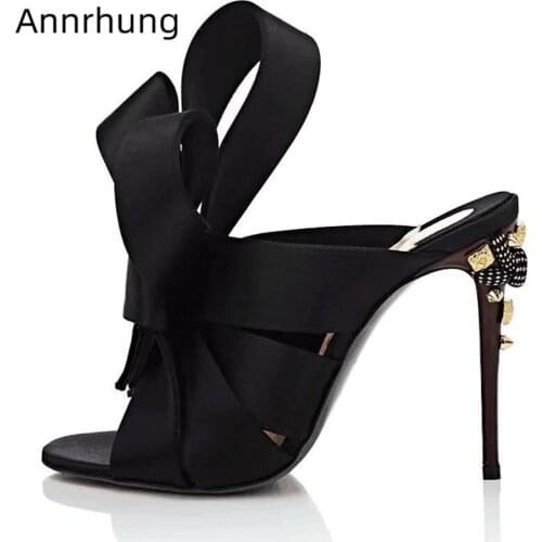 Rivet Stiletto High Heels Pleated Bowknot Slippers Women Sexy Cross Strap Peep Toe Thin High Heels Catwalk Shoes Satin Slippers