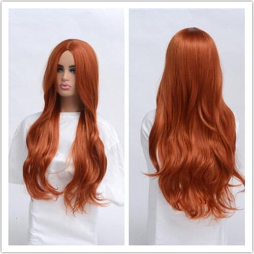 SuQ Womens Copper Red Wig Hair Synthetic Natural Cosplay Party Long Wave Middle Part Heat Resistant Daily Wigs For Women