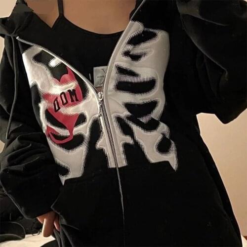 Zip-up Y2K Harajuku Korean Style Loose Skull Print Goth Grunge Long Sleeved Hooded Coat Solid Color Retro Shirt Student Girl Top