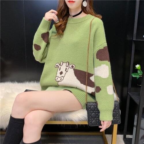 Lazy wind sweater girl loose outside wearing autumn and winter new student cute cow cartoon head knit shirt top