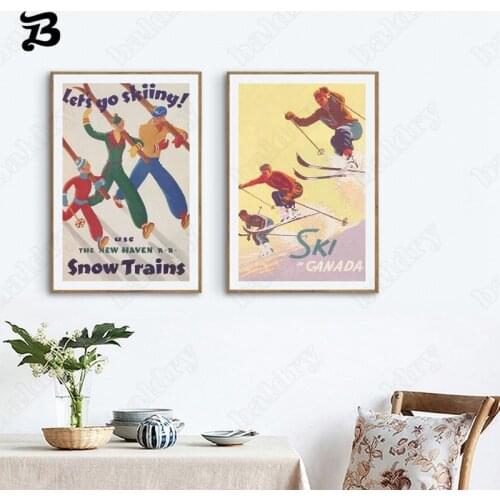 Vintage Skiing Art Canvas Poster Prints Ski Canada Snow Trains Retro Lets Go Skiing Travel Wall Pictures Home Winter Decoration