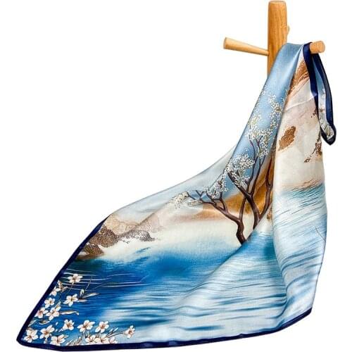 High-quality Pure Silk Scarf Women Bandana Female Hair Scarf Top Womens Natural Silk Square Headband Neck Scarf Flowering Tree