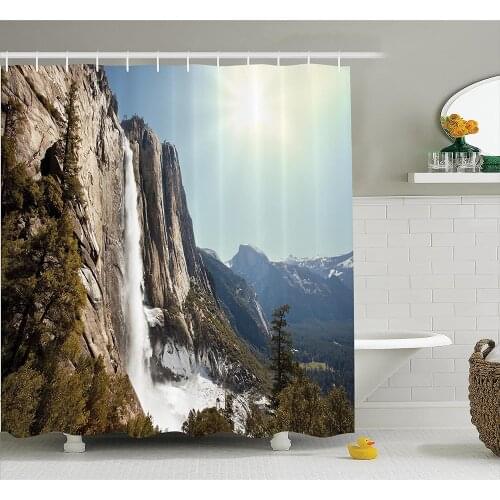 Apartment Shower Curtain Yosemite Falls Mountain Sunshine Alpine Trees Dramatic Natural Wilderness Landscape Bathroom Curtains