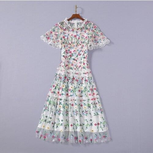 Womens American European and clothing 2021 summer new style Lace collar Flower embroidery with short sleeves Gauze dress