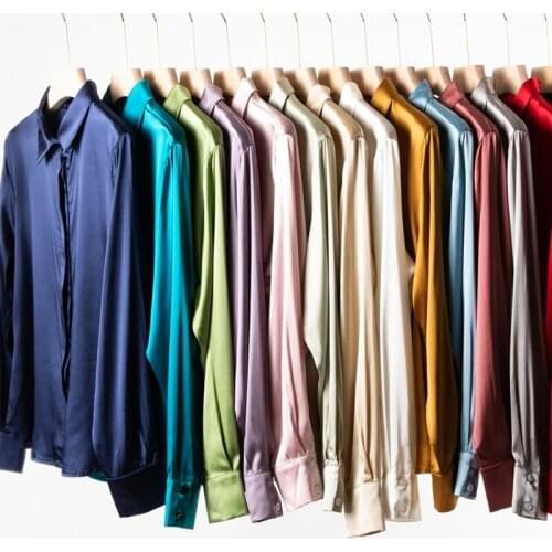 Womens 95% Mulberry Silk 5% Spandex satin Silk Buttons down long sleeve shirt Top Blouse office work M L XL MM161