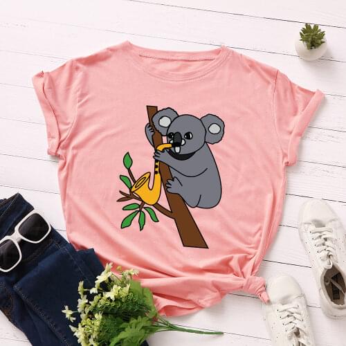 Women Short Sleeve Cotton T-Shirts Cute Koala on The Tree Print Graphic Tees Summer Tee Tops for Female Casual Oversized Clothes