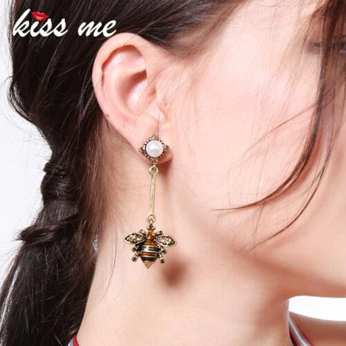 Kissme Rhinestone Enamel Bee Dangle Earrings Two-tone Alloy Vintage Earrings for Women Fashion Jewelry