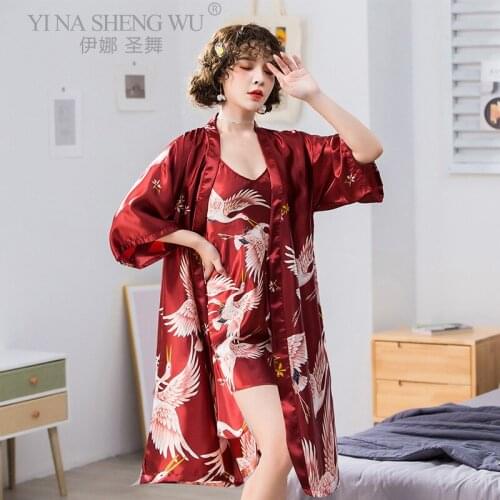 Women Robe Crane Print New Kimono Bathrobe Wedding Three-quarter Sleeve Kimono Yukata Cranes Ladys Sexy Sleepwear Nightgown Set