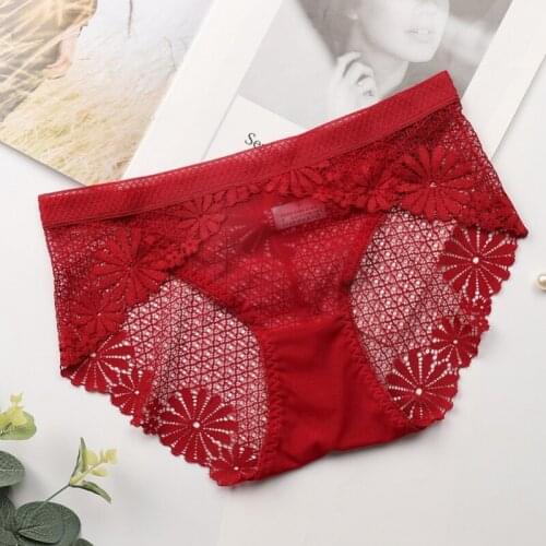 Ladies Cotton Underwear Lace Briefs Transparent Lingerie Seamless Tempting Pretty Panties Mid Waist Intimates
