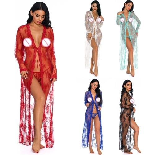 Women Long Sleeve Lace Dress Fashion Solid Color Sexy Perspective Pajamas Robe Sleepwear Underwear Lingerie Satin Silk Belt Slim