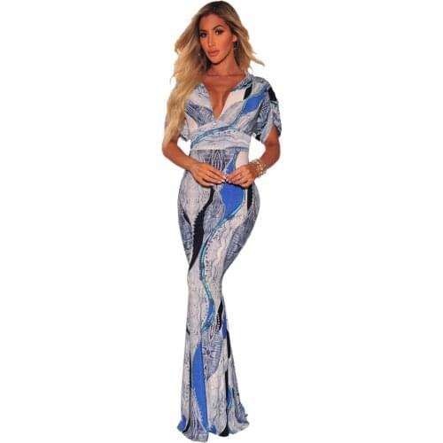 Women Fashion Sexy Deep V-Collar Ruffle Short Sleeve Floor Length Dress for Party Club Female Slim Printed Long Dress