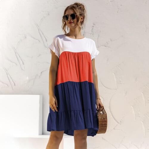 Summer Dress Stitching OverSize Loose 2021 New Arrival Ladies Casual Short Sleeve Ruffles Cupcake Dress Female Beach Dresses