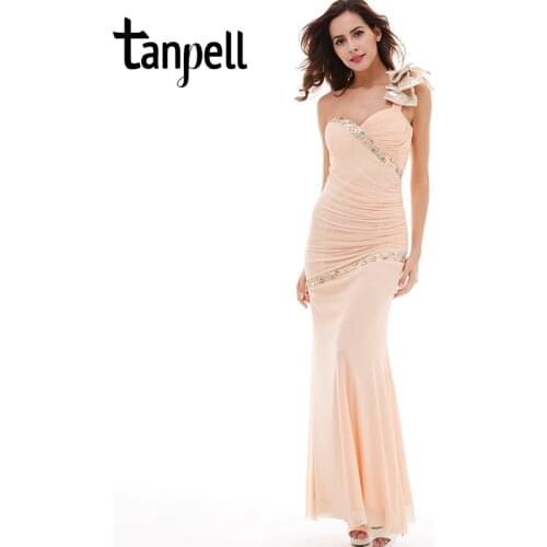 Tanpell bowknot one shoulder evening dress pearl pink sleeveless floor length gown beaded ruched women prom long evening dresses