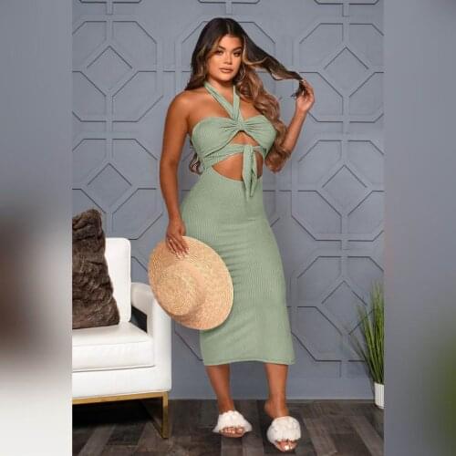 2021 Best Quality Fashion Design Dress Solid Halter Strapless Summer Beach Midi Dress Vestidos