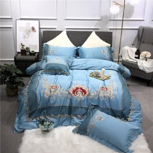 Luxury Royal Sky blue 100S Egyptian cotton Embroidery Bedding sets Queen King Wedding Duvet cover Bed sheet set Pillowcases 4pcs