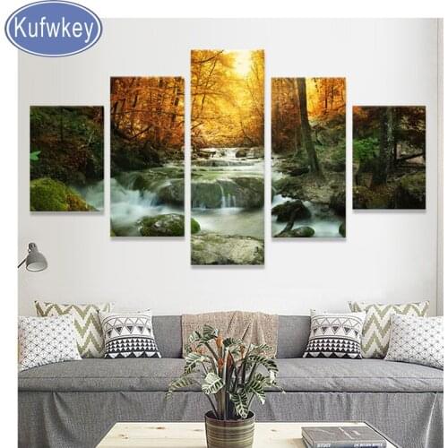 5 PCs Diamond Embroidery scenery,Forest Waterfall Lake,Full,Rhinestone,5D,DIY Diamond Painting,Cross Stitch,Diamond Mosaic,Decor