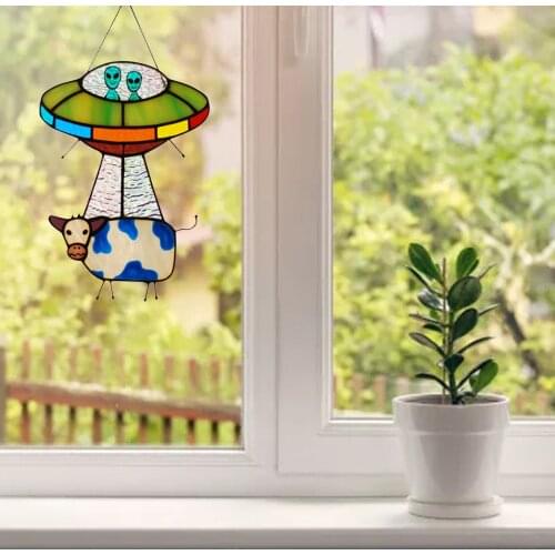 Acrylic UFO Alien Cow Stained Pendant Window Hanging Suncatcher Home Garden UFO Hanging Decor Crafts Outdoor Ornaments