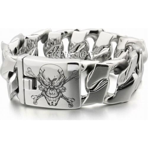 Deep Laser Engraved Huge Heavy 316L Stainless Steel Pirate Skull Mens Boys Biker Rock Punk Curb Link Bracelet 5F102