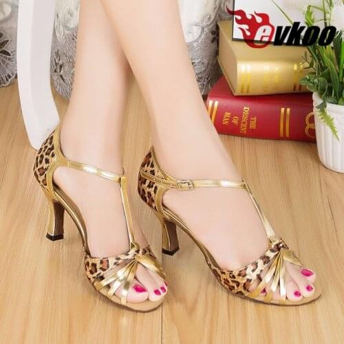 Evkoodance Zapatos De Baile Leopard With Golden PU Size US 4-12 8 cm Heel Height Professional Evkoo-503