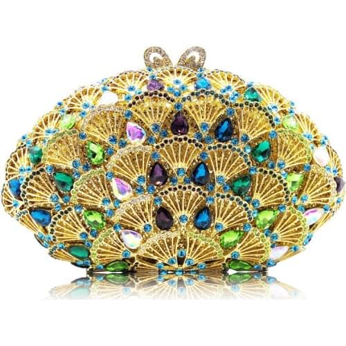 Purple/Blue/Green Shell Shape Crystal Clutch Bag Fashion Women Golden Metal Evening Party Clutches Purses Lady Chain Clutch Bags
