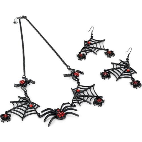 Halloween Jewelry Set Black Spider Charm Necklace and Earrings Womens Sweater Chain Drop Earring Set Accessories Gift