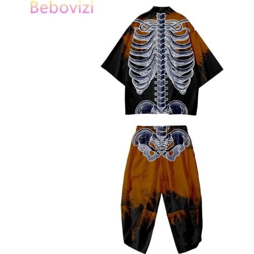 Personalized Skull Frame Loose Japanese Cardigan Two-piece Suit Women Men Cosplay Yukata Clothing Harajuku Kimono + Pants Sets
