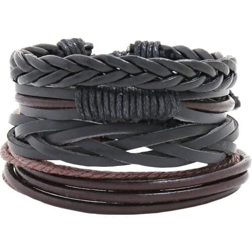 Classic Bracelet Set For Man Woman Multilayer Black Rope Leather Braided Adjustable Wristband Jewelry Gift Wholesale 4PCS/Set