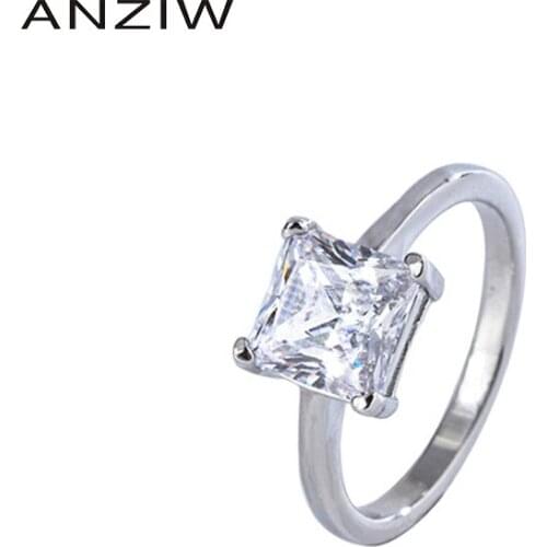 ANZIW Sterling Silver Radiant Cut Created SONA Diamond Simple Solitaire Engagement Ring For Women Jewelry Gifts Adjustable