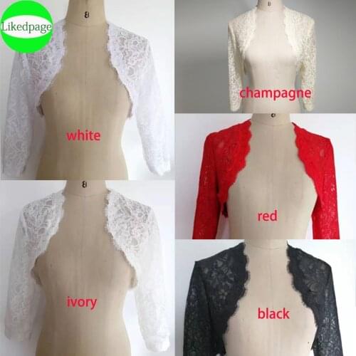 Lace Wedding Jacket 2021 Simple Shares of Womens 3/4 Long Sleeve Shoulders Cropped Bolero Cheap Bridal Wraps Chaquetas De Nujer