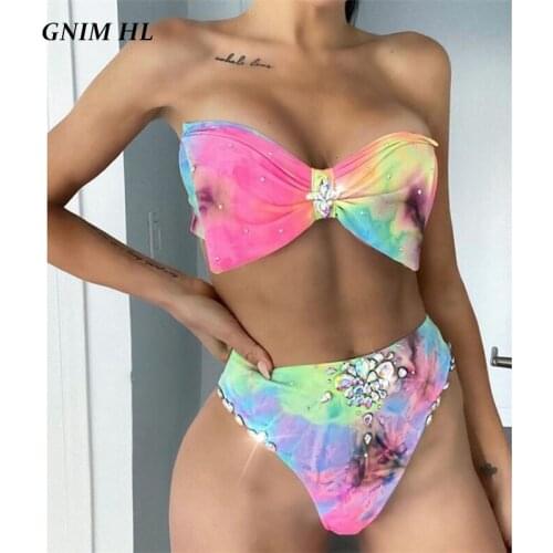 GNIM Sexy Bandeau Bow Swimwear Women 2 Pieces Rhinestones Bikini Set 2021 High Waist Print Swimsuit Female Push Up Bather Suit