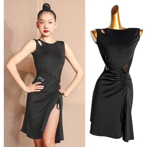 Summer Latin Dance Dress Sexy Drawstring Black Dress For Women Mesh Practice Clothes Cha Cha Samba Rumba Adult Dancewear VDB3562