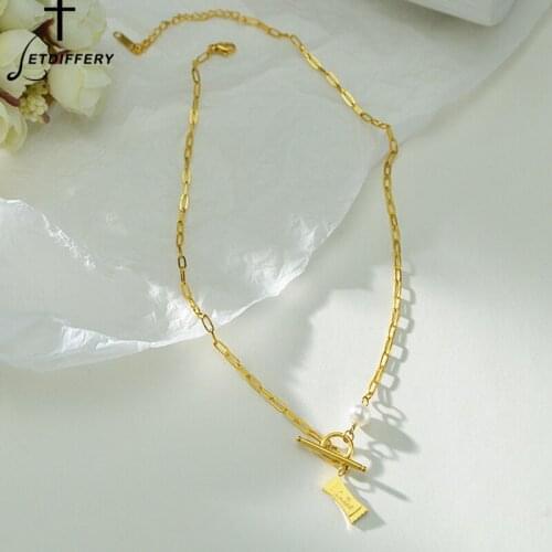 Letdiffery New Fashion Irregular Pearl Pendant Necklaces OT buckle Stainless Steel Punk Choker Men Women Party Jewelry Gifts