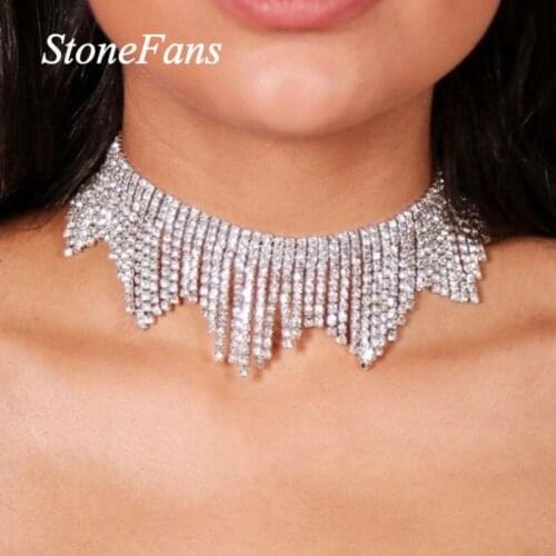 Stonefans Statement Rhinestone Tassel Choker Necklace for Women Charming Jewelry Adjustable Choker Chain Party Jewellery