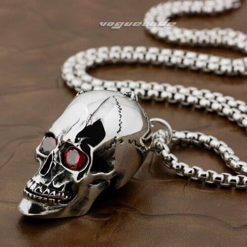 Red CZ Eyes Huge Heavy 316L Stainless Steel Skull Pendant Mens Biker Rock Punk Style Mouth Openable 3H001 Steel Necklace 24inch