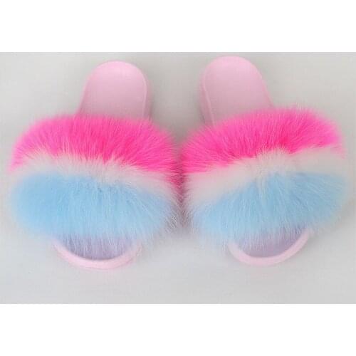 Luxury Girls Fluffy Fox Fur Summer Slippers Indoor Furry Fur Sandals Womens Fashion Pink Soles Slippers Wholesale Novelties